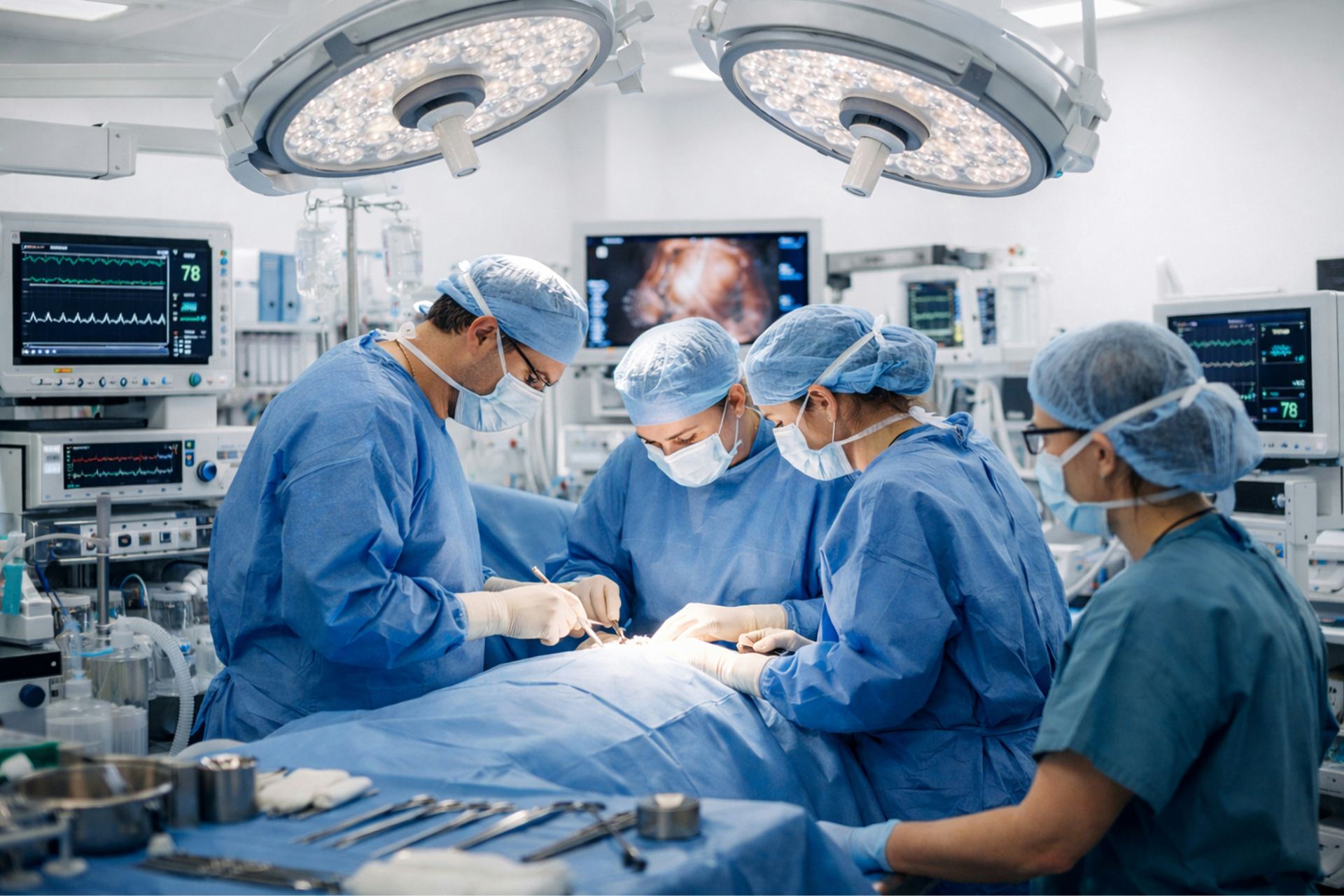 Modern ambulatory surgery center operating room with LED surgical lights and integrated AV monitor booms designed by ALIS Technology